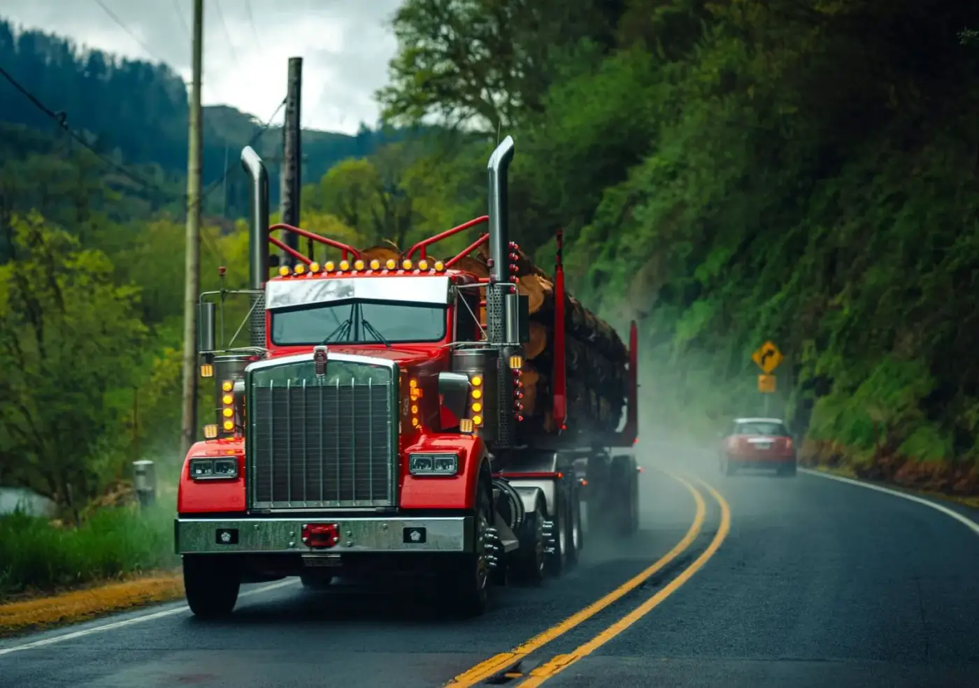 A semi truck hauling a load along a winding, tree-lined road